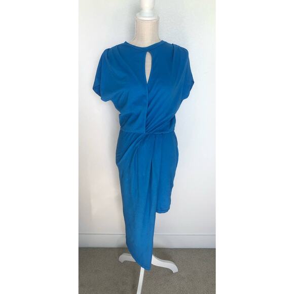Monrow Bright Blue Ruched Shoulder Asymmetrical T-Shirt Dress - S - Picture 1 of 5